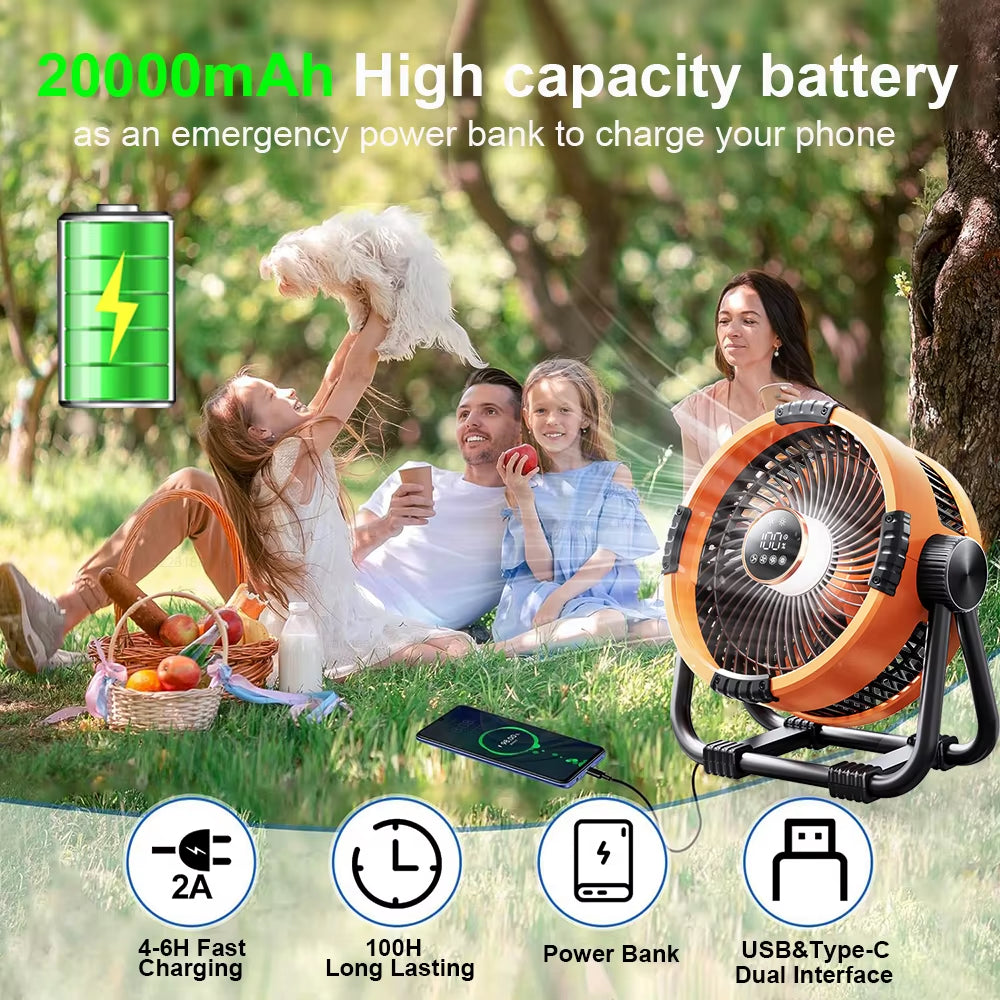Camping Fan Portable Electric Fan 20000Mah Rechargeable Desktop Air Circulator Wireless Ceiling Electric Fan with Power Bank