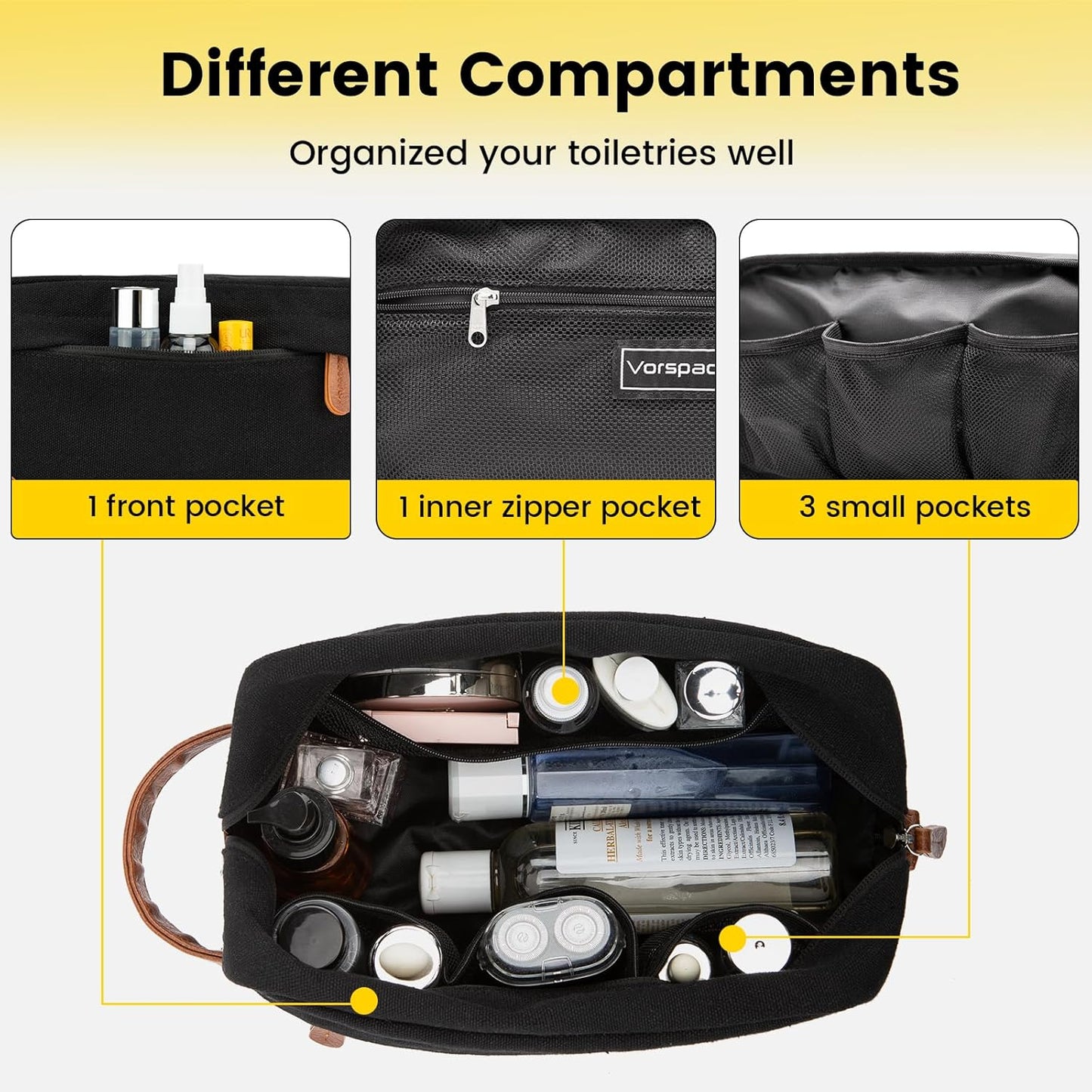 Toiletry Bag Hanging Dopp Kit for Men Water Resistant Canvas Shaving Bag for Travel, Black, Medium