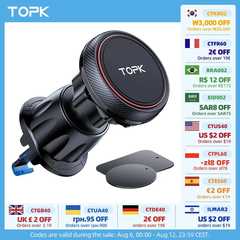 TOPK Magnetic Car Phone Mount in Car Phone Holder Air Vent Magnetic, 6 N52 Magnets  Mobile Phone Holders for Iphone 15