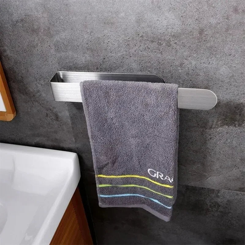 Stainless Steel Towel Rack Hole-Free Self-Adhesive Wall Clothes Rack Bathroom Single Bar Space Saving Towel Rack